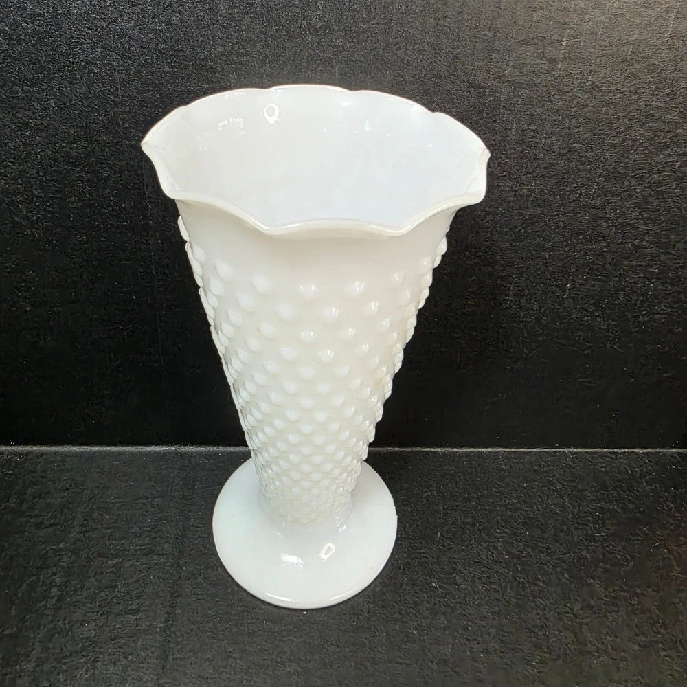Hobnail Milk Glass Vase Scalloped Trumpet 9 Inch White Vintage Pedestal